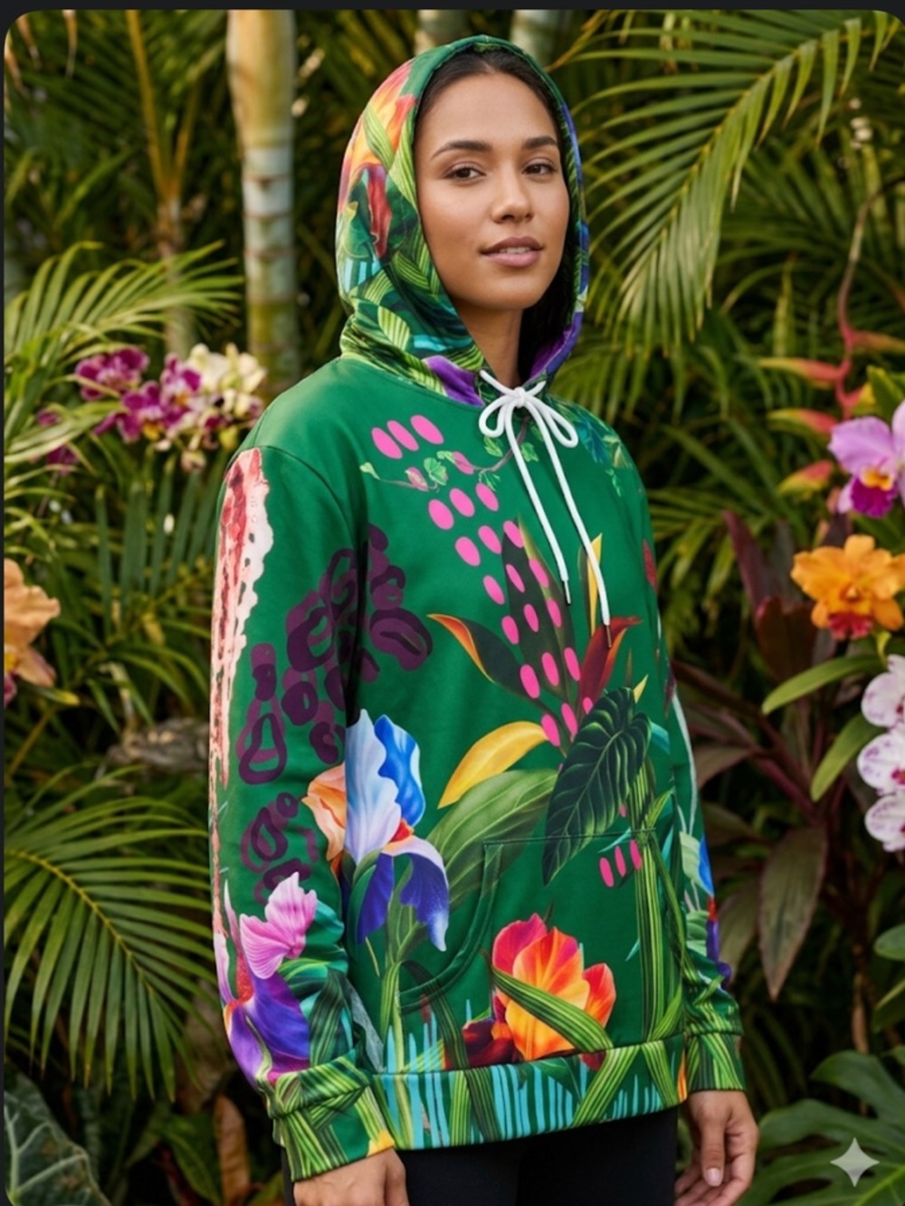 Dressed in Joy by Mikaela Pabon Floral Tropical Print Hoodie Green XXL